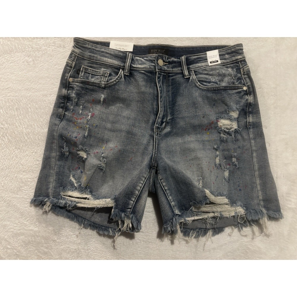 NEW Judy Blue Shorts 1XL Mid‎ Rise Rainbow Paint Splatter Cutoff Distressed